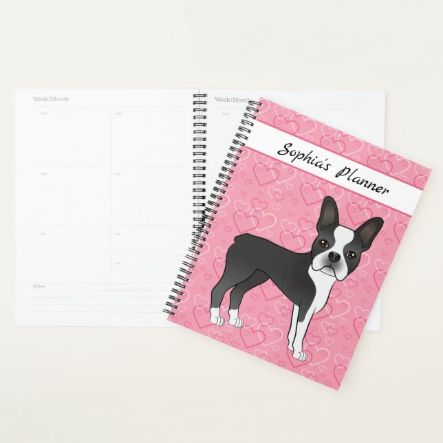 Schwarzer Boston Terrier Hund auf rosa Herzen und  Planer (Anzeige)