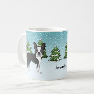Schwarzer Boston Terrier in einem Winterwald & Nam Kaffeetasse