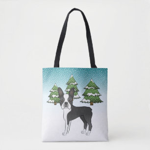 Schwarzer Boston Terrier in einem Winterwald Tasche