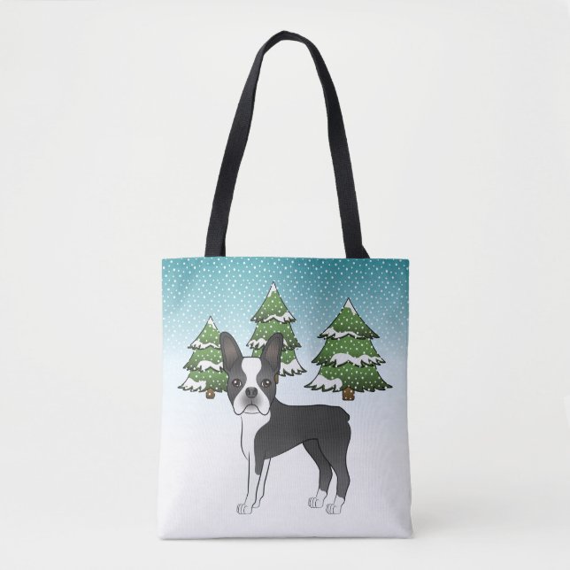 Schwarzer Boston Terrier in einem Winterwald Tasche (Vorderseite)