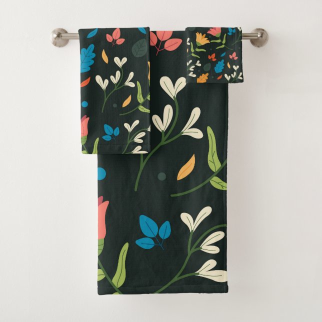 Schwarzer Botanischer Blumendruck Badhandtuch Set (Insitu)