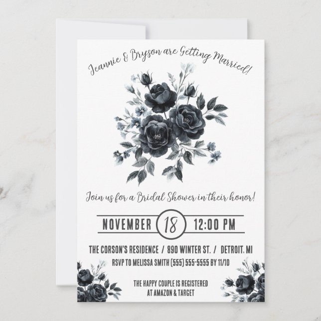 Schwarzer Bouquet, Emo, Goth, monochromes Brautpar Einladung (Vorderseite)