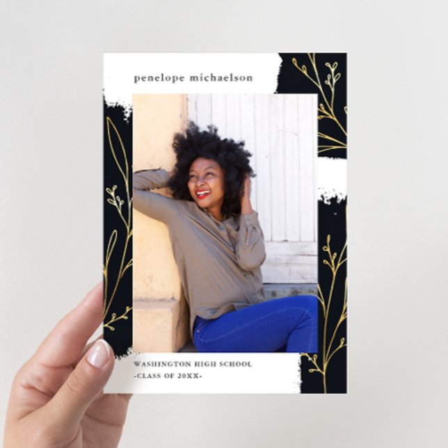 Schwarzer Brush mit Imitaten Gold Botanischer Absc Einladung (Von Creator hochgeladen)