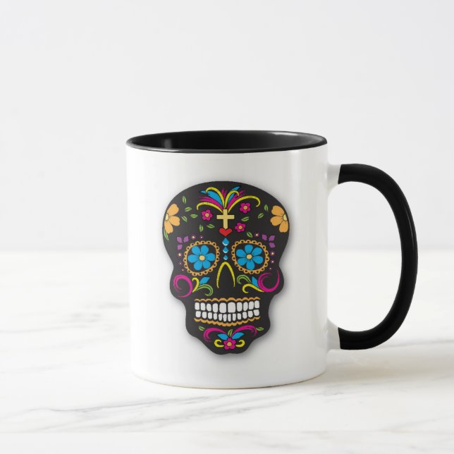 Schwarzer bunter mexikanischer Zuckerschädel-Tag Tasse (Rechts)