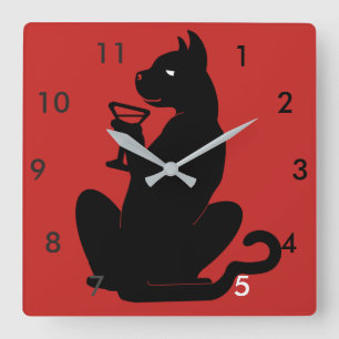 SCHWARZER CAT-COCKTAIL-ZEIT durch Slipperywindow Quadratische Wanduhr