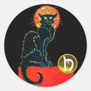 SCHWARZER CAT-HALLOWEEN-PARTY-MONOGRAMM RUNDER AUFKLEBER