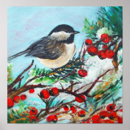 Schwarzer Chickadee-Vogel mit Birnen-Glossen Poster