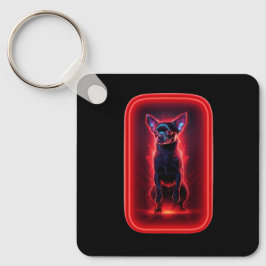 Schwarzer Chihuahua tanzt im neonroten Licht Schlüsselanhänger