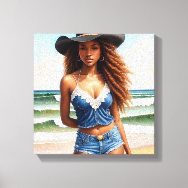 Schwarzer Cowgirl Kupfer Haar Strand Leinwanddruck (Vorderseite)