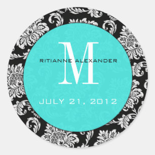 Schwarzer Damask Aquamariner Monogram-Hochzeitstic Runder Aufkleber