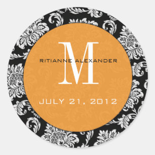 Schwarzer Damask Orange Monogram-Hochzeitsticker Runder Aufkleber