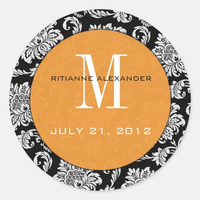 Schwarzer Damask Orange Monogram-Hochzeitsticker Runder Aufkleber (Vorderseite)