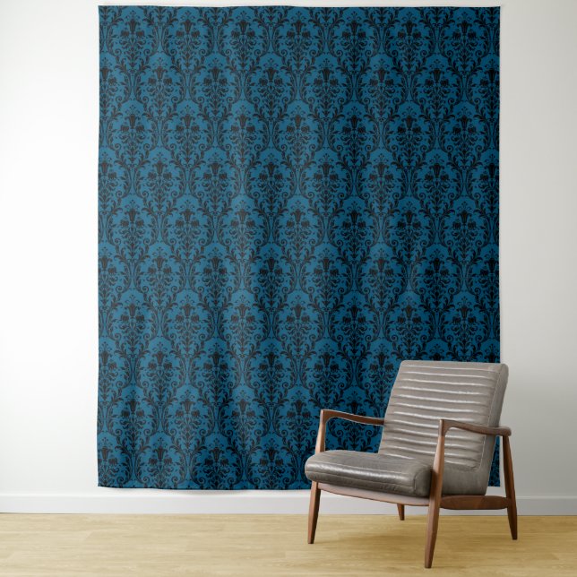 Schwarzer Damast auf der Aquamarinen blauen Blumen Wandteppich (Beispiel)