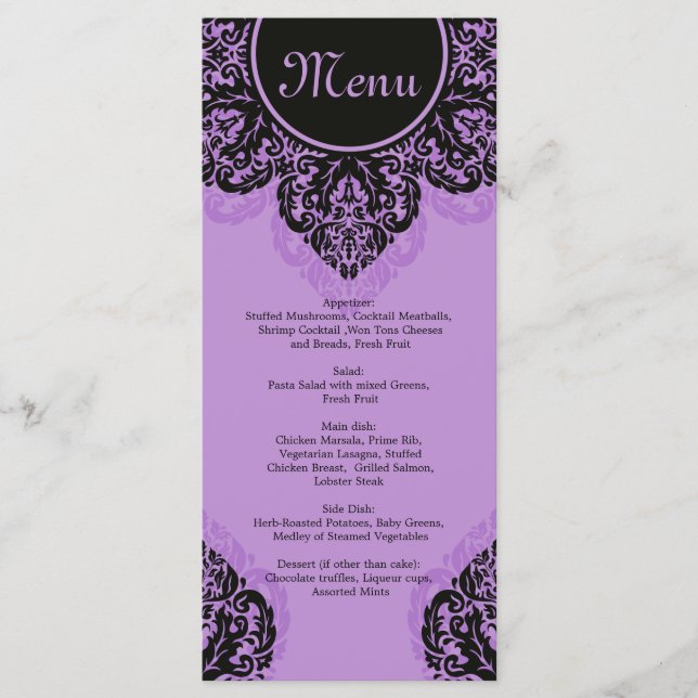 Schwarzer Damast auf der lila lila Menu Rack Card Menükarte (Vorderseite)