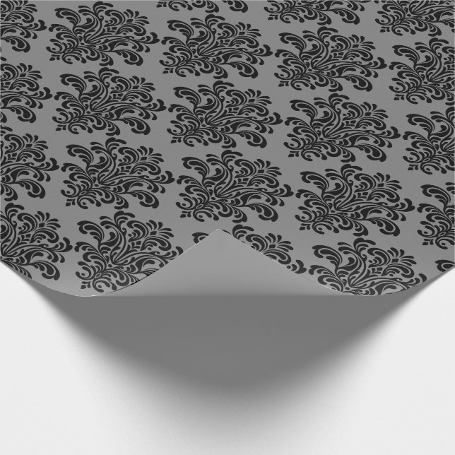 Schwarzer Damast auf grauem elegantem Muster Geschenkpapier (Ecke)