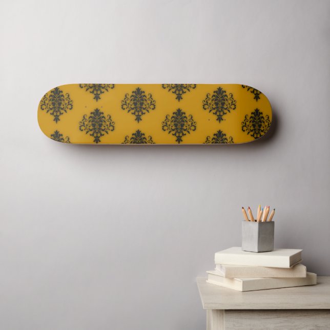 Schwarzer Damast auf Senfgelb Skateboard (Wandkunst (Horz))