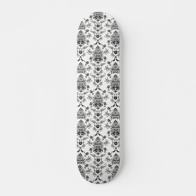 Schwarzer Damast auf Weiß Skateboard (Vorne)