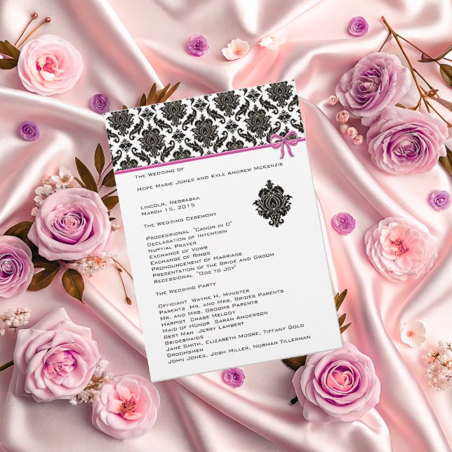 Schwarzer Damast auf weißem Hochzeitsprogramm mit  Programm (Von Creator hochgeladen)