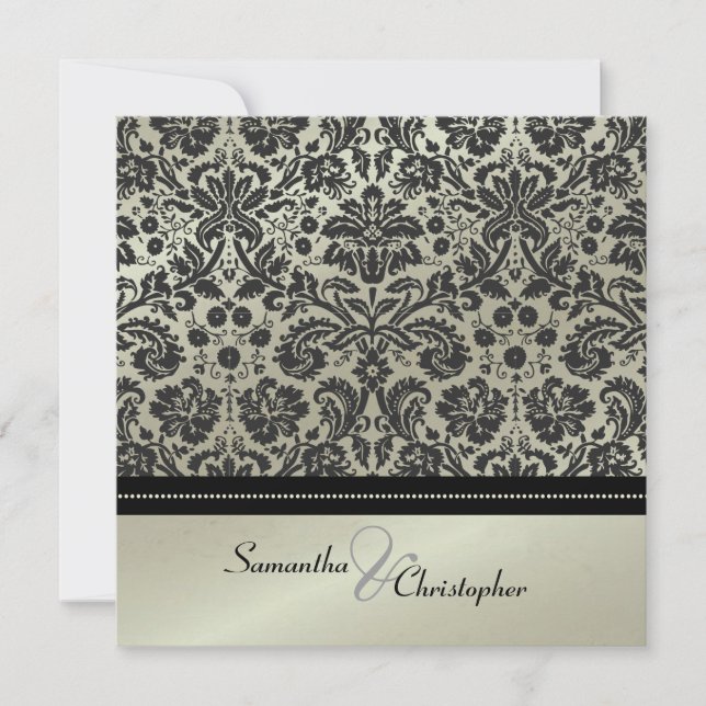 Schwarzer Damast/Imitat Hochzeit Silber Einladunge Einladung (Vorderseite)