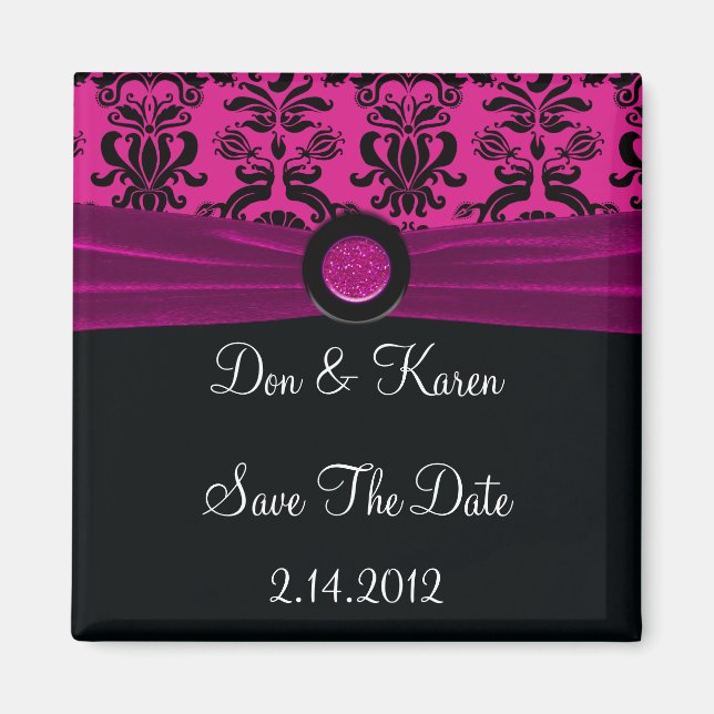 Schwarzer Damast, Magenta Save the Date Magnet (Vorne)