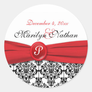 Schwarzer Damast mit Mohnrot, 1,5", rundlicher Auf Runder Aufkleber