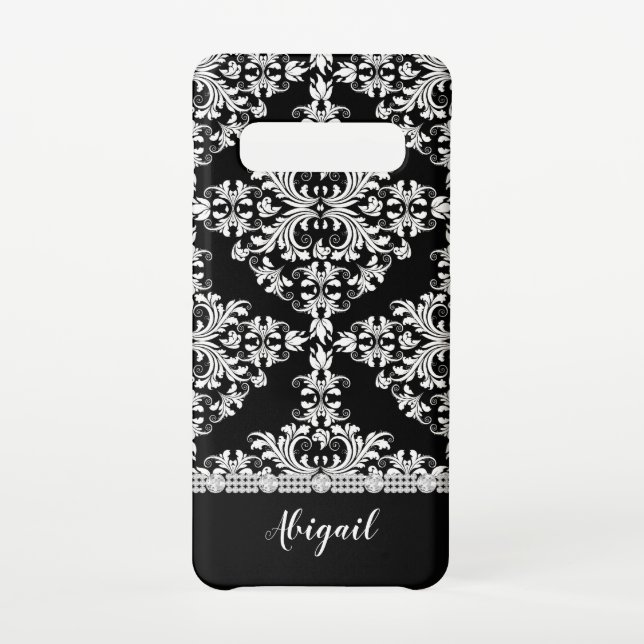 Schwarzer Damast mit Rhinestones und Name weiß Samsung Galaxy Hülle (Rückseite)