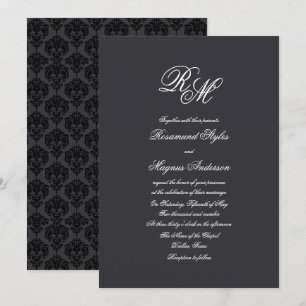 Schwarzer Damast   Monogramm-Hochzeit Einladung