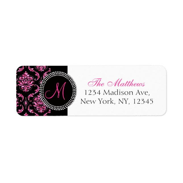 Schwarzer Damast Rosa Glitter Monogramm (Vorne)