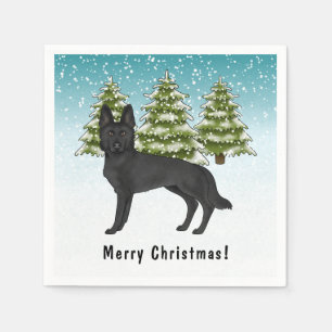 Schwarzer Deutscher Schäferhund Winterwald mit Tex Serviette