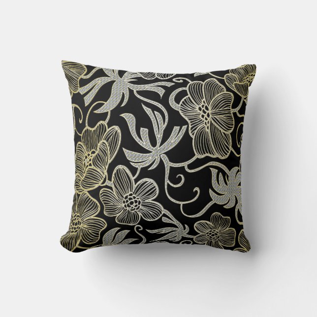 Schwarzer Diamant und goldene florale Damaskus-Des Kissen (Vorderseite)