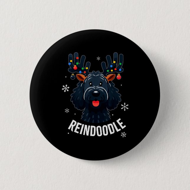 Schwarzer Doodle-Hund Reindoodle Rentier Doodle We Button (Vorderseite)