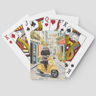 Schwarzer Doodle-Roller auf europäischen Stadtstra Spielkarten