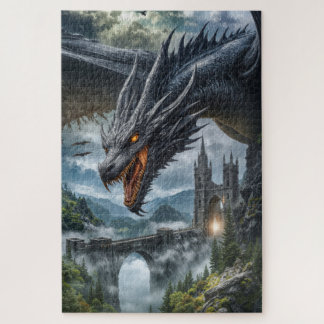 Schwarzer Drache bewacht ein gotisches Bergschloss