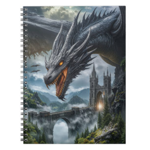 Schwarzer Drache bewacht eine gotische Burg in den Notizblock