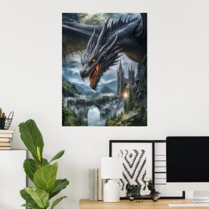 Schwarzer Drache bewacht eine gotische Burg in den Poster