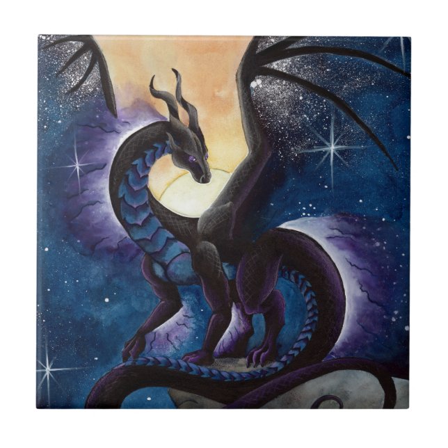 Schwarzer Drache mit nächtlichem Himmel durch Fliese (Vorderseite)