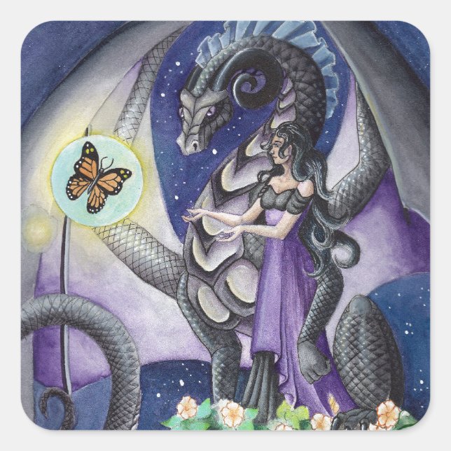 Schwarzer Drache mit Schmetterlingsdrache Quadratischer Aufkleber (Vorderseite)