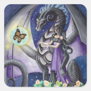 Schwarzer Drache mit Schmetterlingsdrachekunst Quadratischer Aufkleber