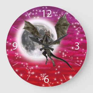Schwarzer Drache - Mythische Fantasy-Kreatur Rote  Große Wanduhr