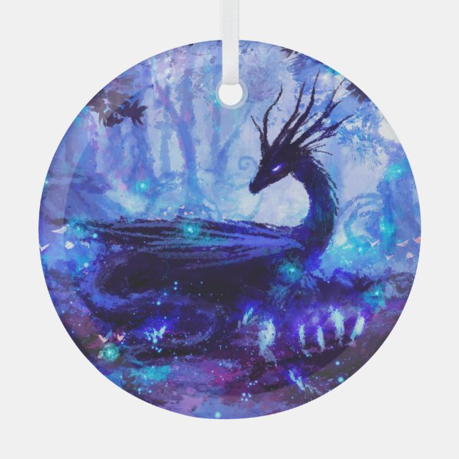 Schwarzer Drache, Nachtwaldszene. Ornament Aus Glas (Vorderseite)