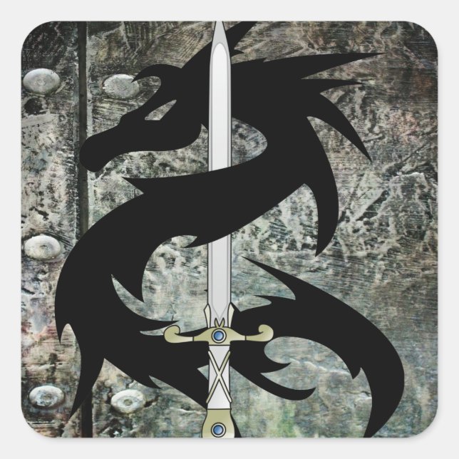 Schwarzer Drache und Schwert Quadratischer Aufkleber (Vorderseite)