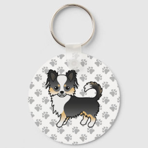Schwarzer Dreifarben-Langhaar-Chihuahua-Hund & Pfo Schlüsselanhänger