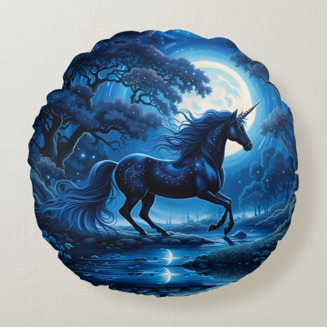 Schwarzer Einhorn Fantasy Vollmond Rundes Kissen (Vorderseite)