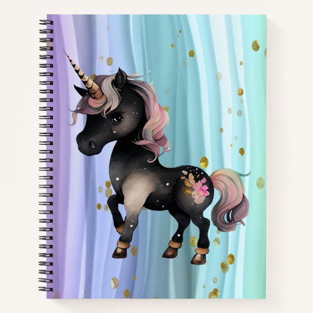 Schwarzer Einhorn Lila-Rosa-Schwanz Notizbuch (Vorderseite)