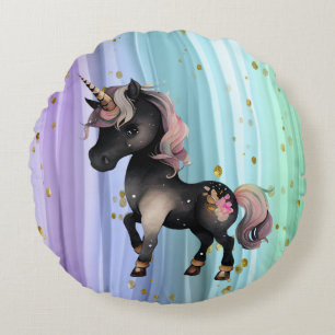 Schwarzer Einhorn Lila-Rosa-Schwanz Rundes Kissen