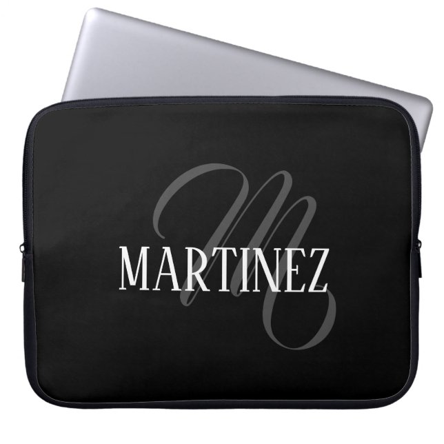 Schwarzer eleganter Personalisierter Nachname | Na Laptopschutzhülle (Vorderseite)