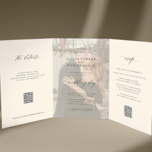 Schwarzer Elfenbein-Foto-Hochzeits-RSVP-Details-QR Dreifach Gefaltete Einladung
