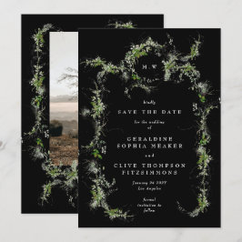 Schwarzer Eukalyptus-Kranz-Monogramm-Foto-Hochzeit Save The Date