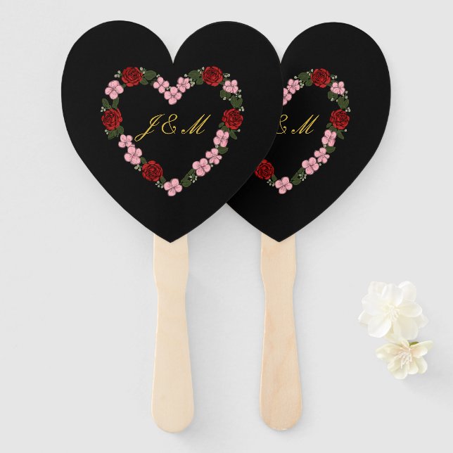 schwarzer Fächer mit einem rosa und roten Herzen ( (Vorne und Hinten)