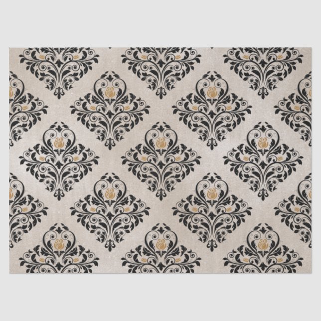 Schwarzer Floral Damask auf Tan Decoupage Seidenpapier (Vorderseite)